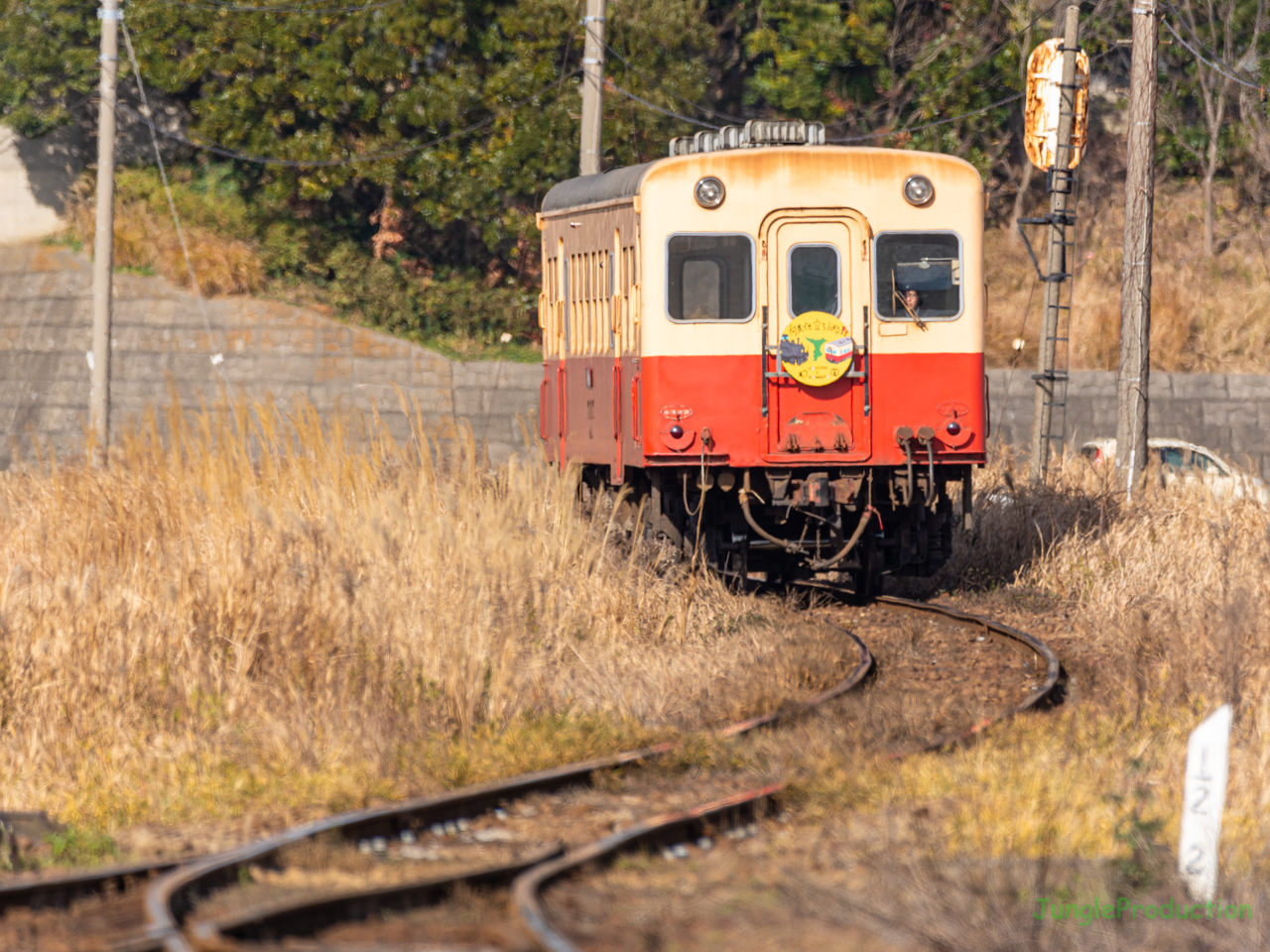 北神急行さんとのコラボヘッドマークを付けた小湊鉄道の列車がＳ字カーブに進入する