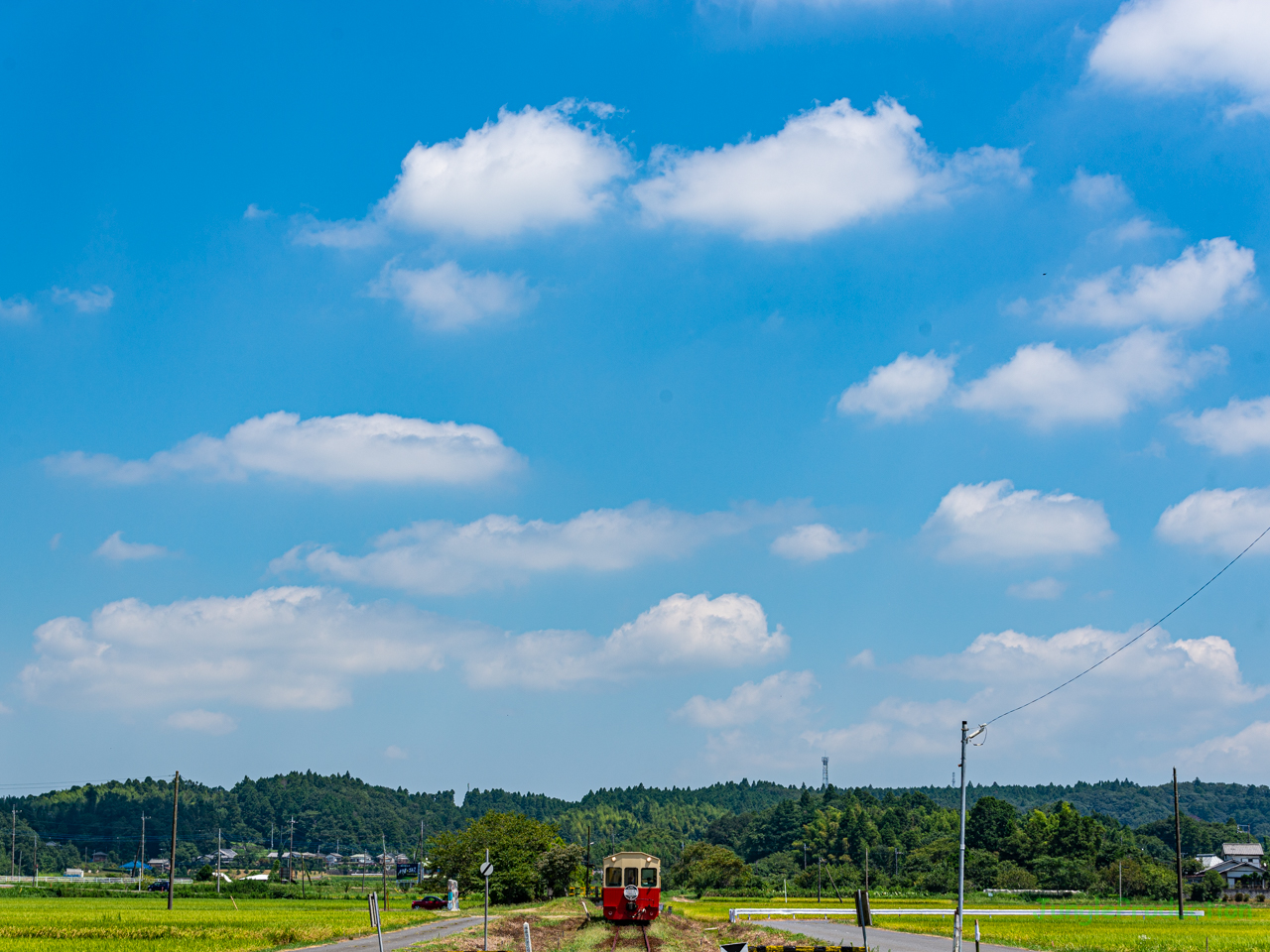 夏雲の下、里山トロッコ列車が上総川間駅を発車します
