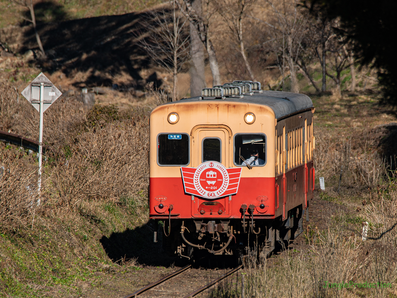 野田っぽりを走る60周年記念ヘドマークを掲出したキハ201