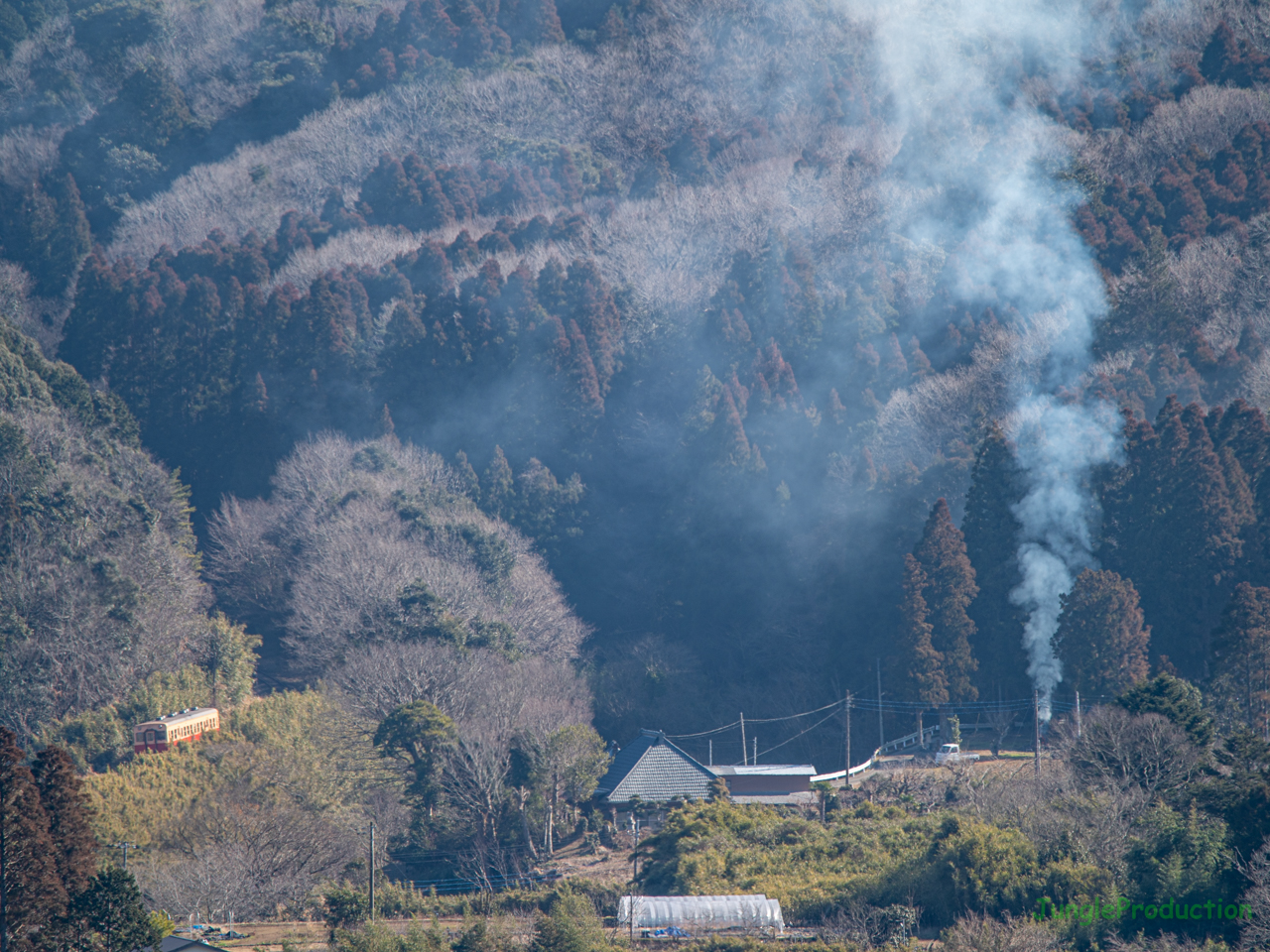 芋原林道から朝生原の築堤を走るキハを撮る